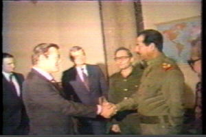No stranger to the region, Rumsfeld served as Middle East envoy under President Reagan. Here Iraqi President Saddam Hussein greets  Rumsfeld in Baghdad on December 20, 1983. 