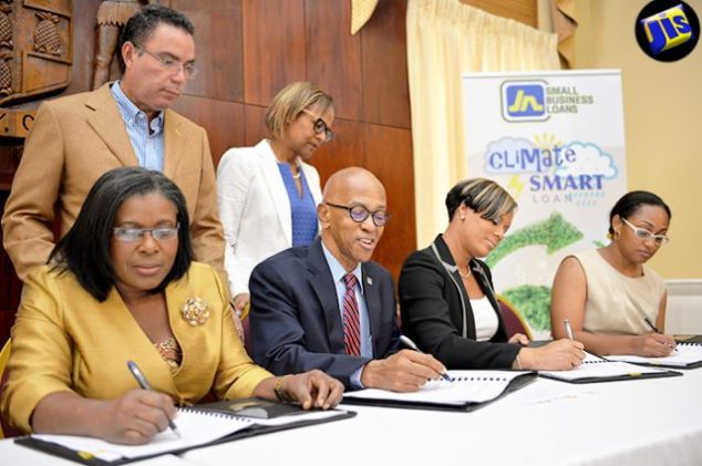 Minister without Portfolio in the Ministry of Economic Growth and Job Creation, Hon. Daryl Vaz (standing, left) and General Manager, Country Department, Caribbean Group, Inter-American Development Bank, Therese Turner Jones (standing, right), observe as (from left) Permanent Secretary in the Ministry of Economic Growth and Job Creation, Audrey Sewell; Managing Director, Development Bank of Jamaica, Milverton Reynolds; General Manager, JN Small Business Loans, Gillian Hyde; and Programme Manager, Environmental Foundation of Jamaica (EFJ), Allison Rangolan McFarlane sign the Memorandum of Understanding (MOU) for the Adaptation Programme and Financing Mechanism Project at Jamaica House, in St. Andrew, on July 28. Under the initiative, US$7.2 million will be made available to micro, small and medium-size enterprises (MSMEs) in the tourism and agricultural sectors to finance climate-change adaptation initiatives islandwide.